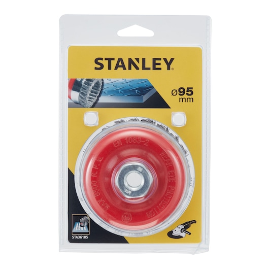 STANLEY STA36105 wire brush with red center, 95mm diameter, front packaging photo.