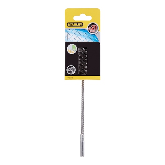 STANLEY STA36185 wire brush, 20mm diameter, product packaging, straight angle, tool accessory.