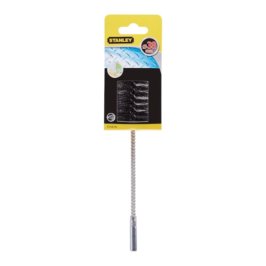 STANLEY STA36190 twisted wire brush, metal bristles, front view, product in retail packaging.