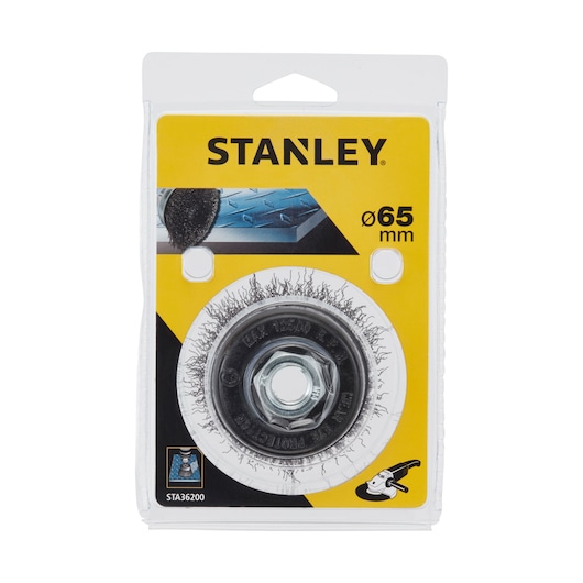 STANLEY STA36200 wire cup brush 65 mm front view in retail packaging