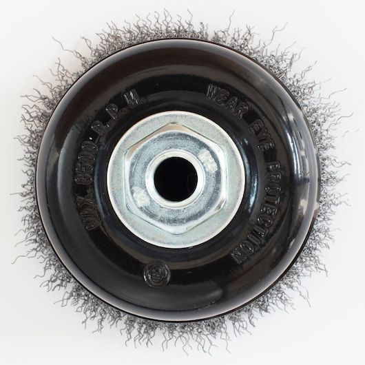 STANLEY STA36205 steel wire cup brush, black and silver, top angle, product photography