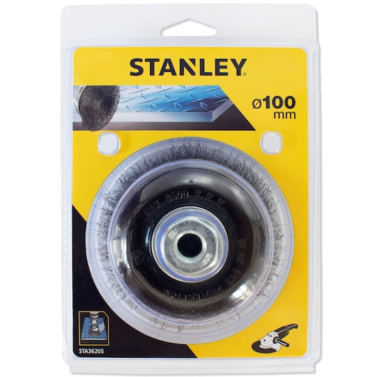 STANLEY STA36205 wire cup brush, grinding accessory, front angle on white background, 100mm diameter