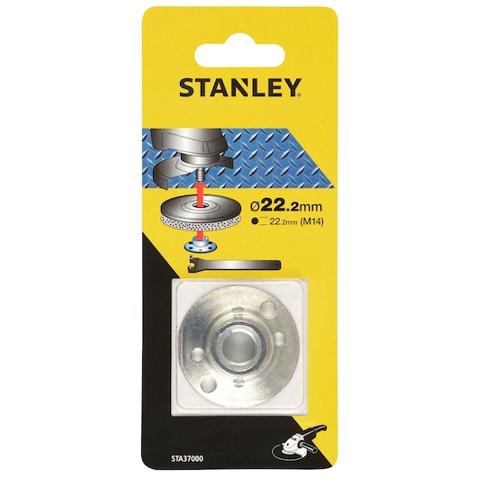 STANLEY STA37000 angle grinder flange disk, 22.2mm, product packaging, front view.