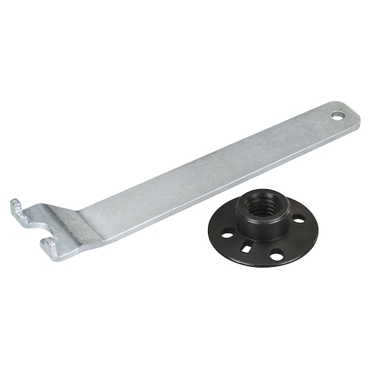 STANLEY STA37005 metal spanner and black flange for angle grinder accessories, flat lay on white background.