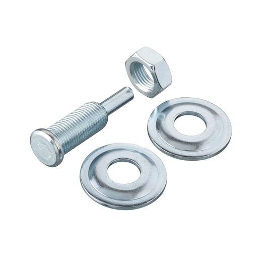 STANLEY STA37015 metal bolt, nut, and two washers set, silver finish, photography, top angle on white background.