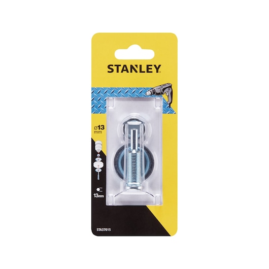 STANLEY STA37015 wall plug and bolt set, 13mm, in retail packaging, front angle, yellow background.