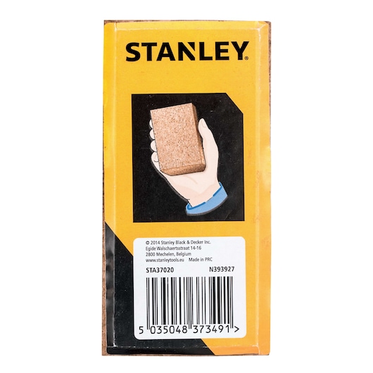 Stanley STA37020 sanding block packaging, front view with illustration of hand holding block.