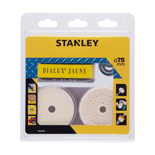 STANLEY STA37045 polishing kit with two buffing wheels and yellow Dialux compound, front packaging photo.