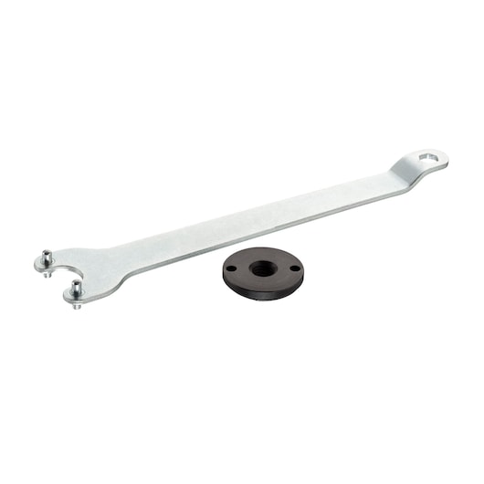 STANLEY STA37060 silver spanner wrench and black flange, tool accessory set, front angle.