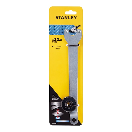 STANLEY STA37060 angle grinder locking spanner with flange nut, packaged, front view on white background.