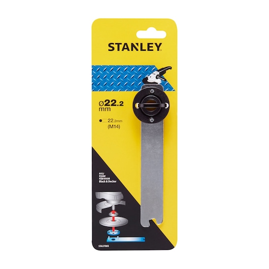 STANLEY STA37065 angle grinder flange nut and wrench set in retail packaging, front view on white background.
