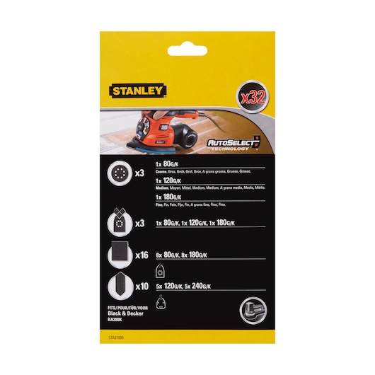 Photo of STANLEY STA37095 sanding sheets multi-pack, yellow and black packaging, front view.