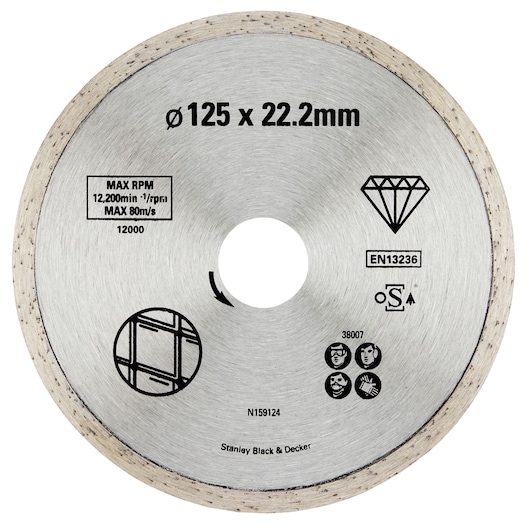 STANLEY STA38007 diamond cutting disc, 125 x 22.2 mm, silver metal, product top view on white background.