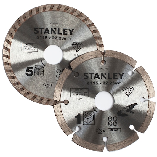 Photo of STANLEY STA38080 diamond saw blades, two pieces, 115 x 22.23mm, silver color, front angle.