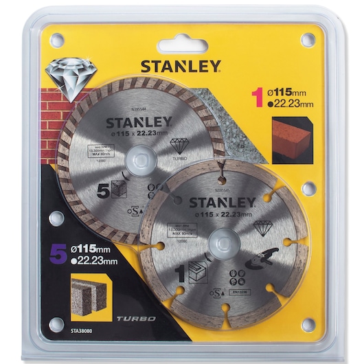 STANLEY STA38080 photography of 115mm diamond cutting discs pack for masonry and brick, front angle.