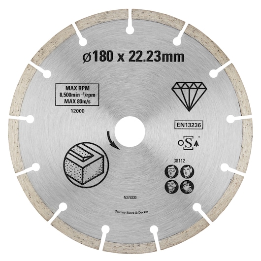 Photo of STANLEY STA38112 diamond cutting disc, 180 x 22.23mm, silver blade with segment edges, front view.