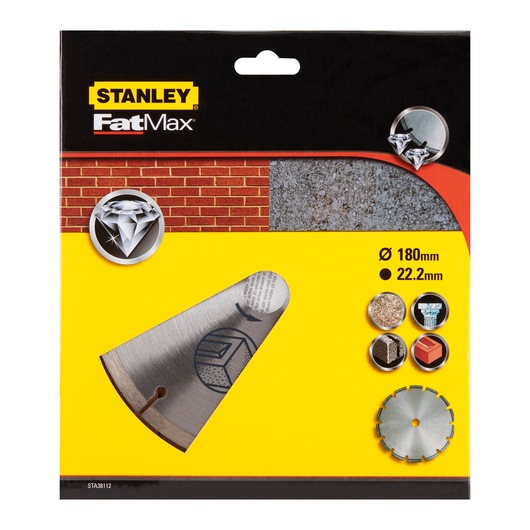 STANLEY STA38112 FatMax diamond saw blade packaging, front angle, yellow and black design, 180mm blade.