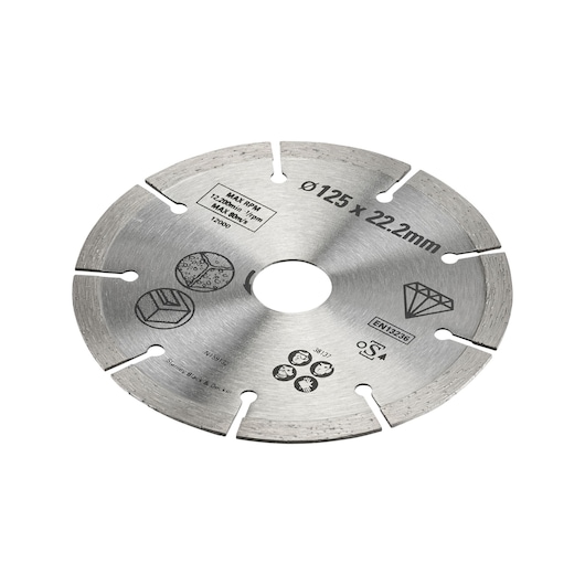 STANLEY STA38137 diamond cutting disc, 125 x 22.2 mm, silver, front angle on white background.