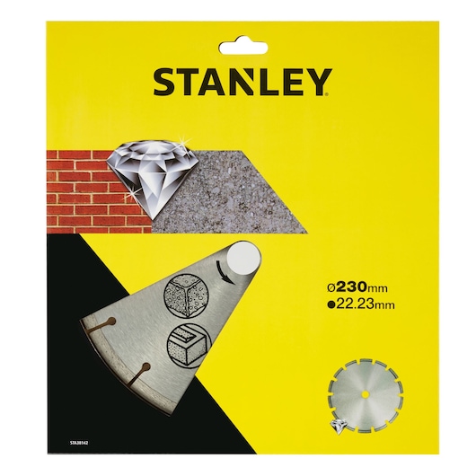 STANLEY STA38142 diamond cutting disc packaging, yellow with diamond symbol, concrete and brick icons, front view.