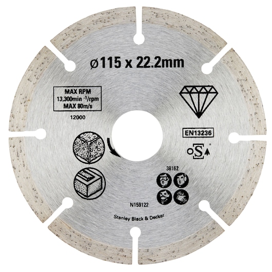 STANLEY STA38162 diamond cutting disc, 115 x 22.2mm, circular, segmented edge, silver, top view, for masonry.