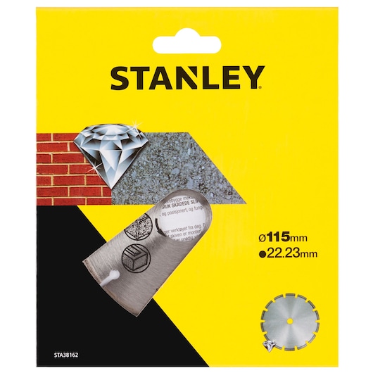 STANLEY STA38162 diamond saw blade packaging, yellow background, 115mm diameter, front angle.