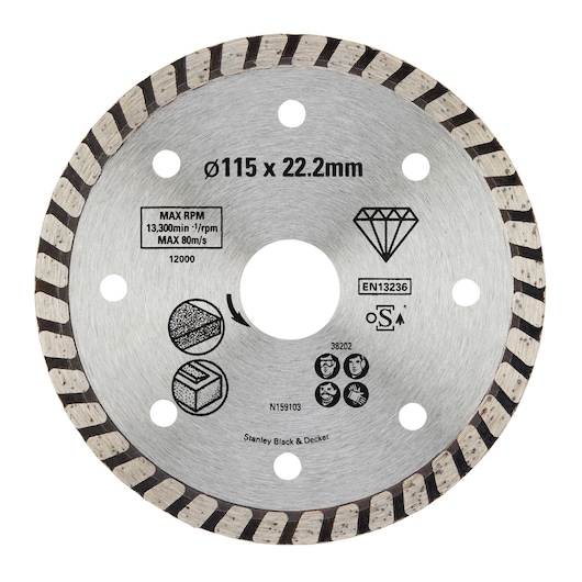 STANLEY STA38202 diamond cutting disc, 115 x 22.2mm, silver with notched edge, front view on white background.