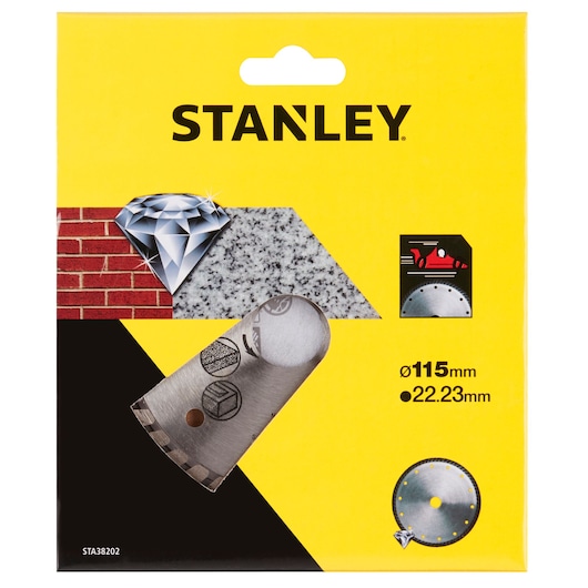 STANLEY STA38202 diamond cutting disc packaging, yellow background, diameter 115mm for masonry and stone.