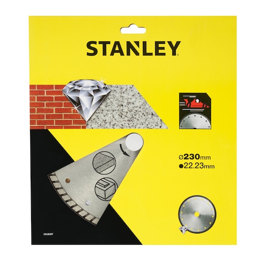 STANLEY STA38207 diamond cutting disc packaging, yellow and black, shows 230mm diameter and 22.23mm bore.