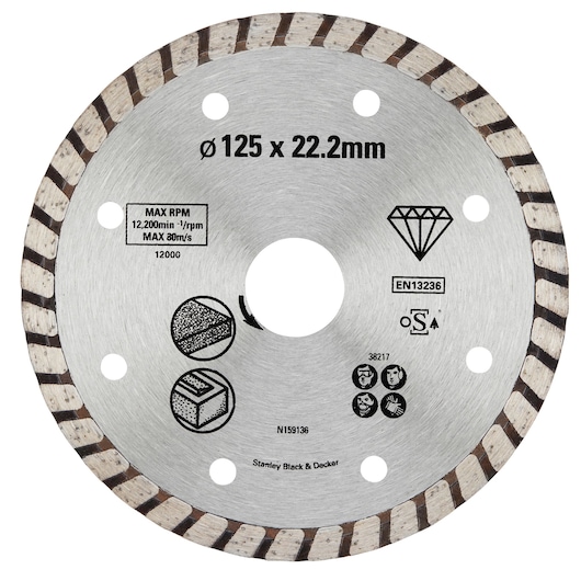Photo of STANLEY STA38217 diamond cutting disc, 125 x 22.2mm, silver blade with segmented rim, top view on white background.