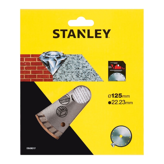 Photo of STANLEY STA38217 diamond blade packaging, yellow background, shows blade for masonry and stone cutting.