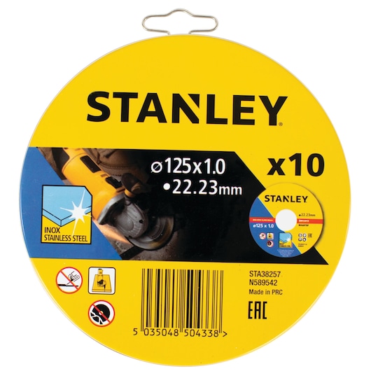 STANLEY STA38257 stainless steel cutting disc pack photography, yellow packaging, front angle.