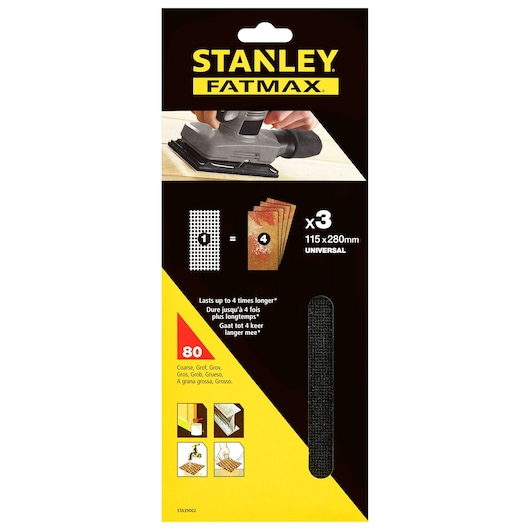STANLEY STA39002 FATMAX sanding sheets, pack of 3, 115x280mm, coarse 80 grit, front packaging angle.