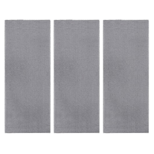 Photo of STANLEY STA39007 sanding mesh sheets, pack of three, rectangular, black-grey, top view, on white background.