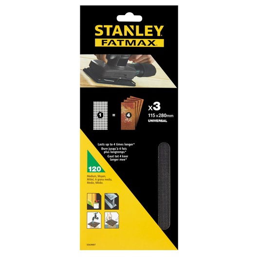 STANLEY STA39007 FATMAX 120 grit sanding sheets, universal, pack of three, shown front packaging.