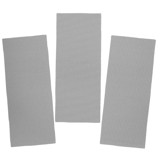 STANLEY STA39012 rectangular mesh sanding sheets, set of three, gray, top view on white background.