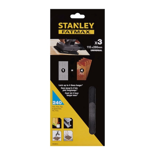 STANLEY FATMAX STA39012 fine sanding mesh sheets 115x280mm, pack of 3, front packaging photo.