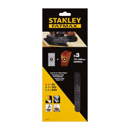 STANLEY STA39017 sanding mesh sheet pack, FATMAX, 115x280mm, 3 sheets, front view on white background.