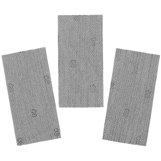 STANLEY STA39032 abrasive mesh sheets, product photography, front angle, three rectangular black sheets.
