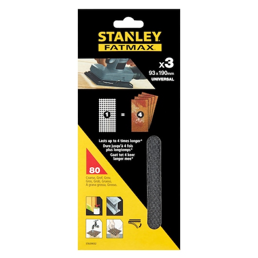 STANLEY STA39032 sandpaper pack, FATMAX 93x190mm coarse grade, front view on white background.
