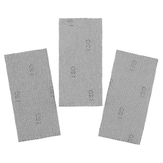 Photo of three STANLEY STA39037 mesh sanding sheets, rectangular and black, flat lay on white background.