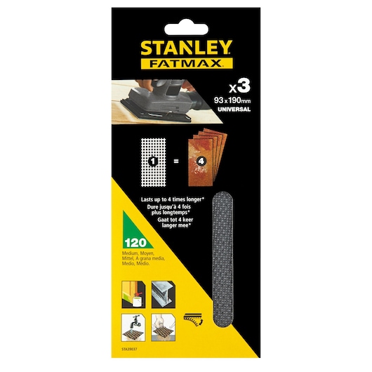 Stanley STA39037 FATMAX universal sanding mesh pack, medium grit 120, front packaging view.