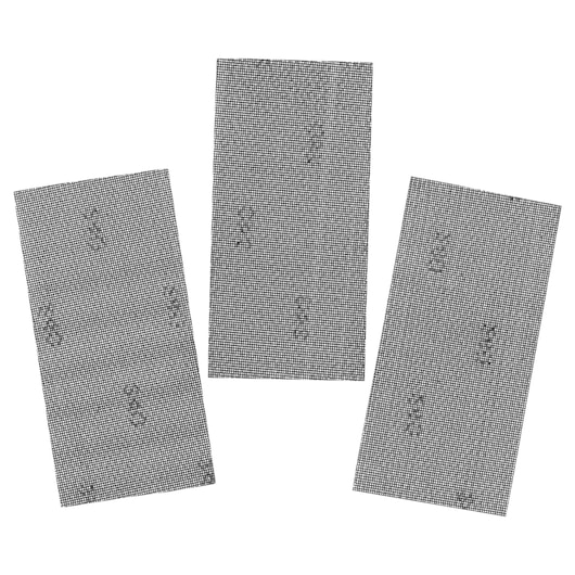 STANLEY STA39042 pack of three rectangular mesh sanding sheets, black, shown from top angle on white background.