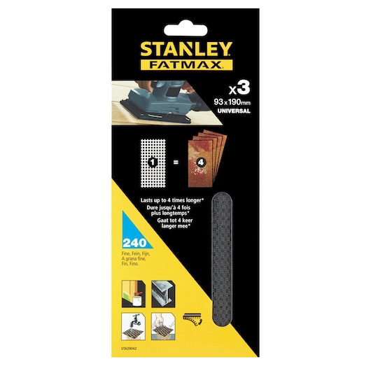 STANLEY STA39042 fine mesh sanding sheets, Fatmax 93x190mm, universal pack of 3, front packaging photo.