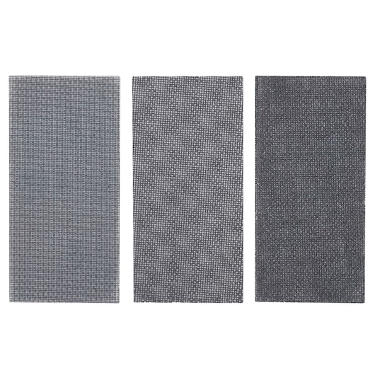 STANLEY STA39047 photography of three rectangular gray mesh sanding sheets, top view, white background.