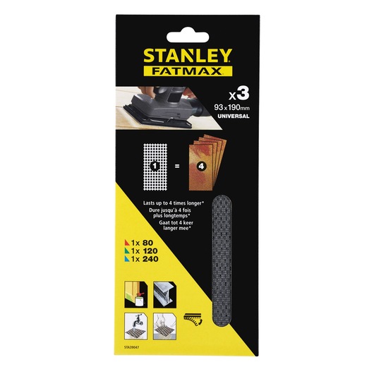 Stanley STA39047 sanding mesh sheets, Fatmax series, 93x190mm, universal, front packaging photo.