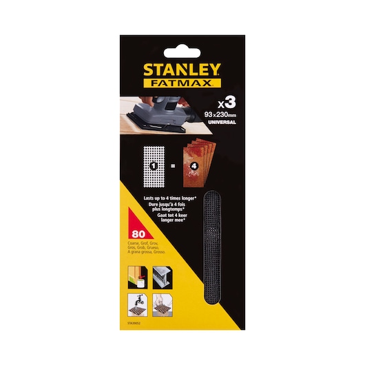 STANLEY FATMAX STA39052 sanding sheets pack, coarse grit 80, universal, 93x230mm, front angle.