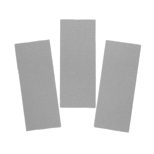 STANLEY STA39057 three rectangular mesh sanding sheets, black, top view, on white background, photography product.