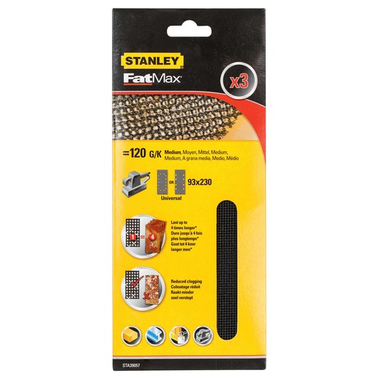 STANLEY STA39057 FatMax medium grit sanding mesh pack, yellow and black packaging, front angle.