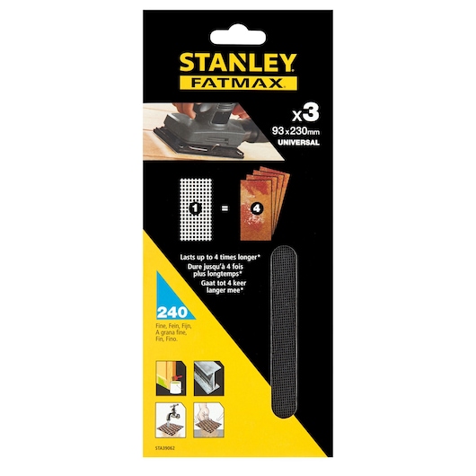 Photo of STANLEY STA39062 sanding mesh pack, FATMAX branding, 93x230mm, 240 grit, set of three, front view.