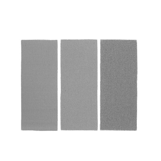Photo of three STANLEY STA39067 rectangular mesh sheets, black and white pattern, top view, photography category.